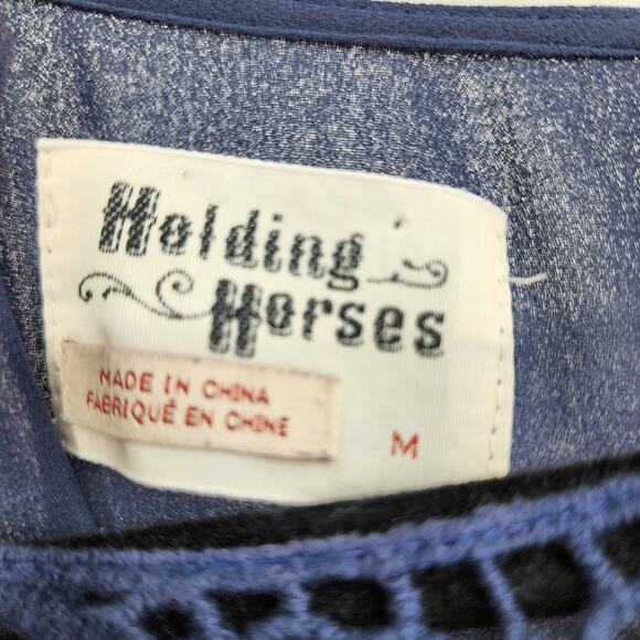 Holding Horses Anthropologie Crochet Lined Shift Dress in Navy Size Medium - Picture 3 of 6